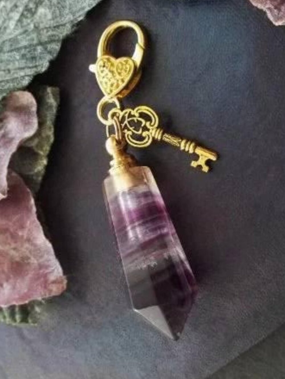 Locket Crystal Perfume Bottle Keychain Vial Refillable Purple Stone - Empty